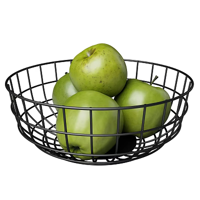Fresh Green Apples in Black Metal Basket for Kitchen Counter 3d model