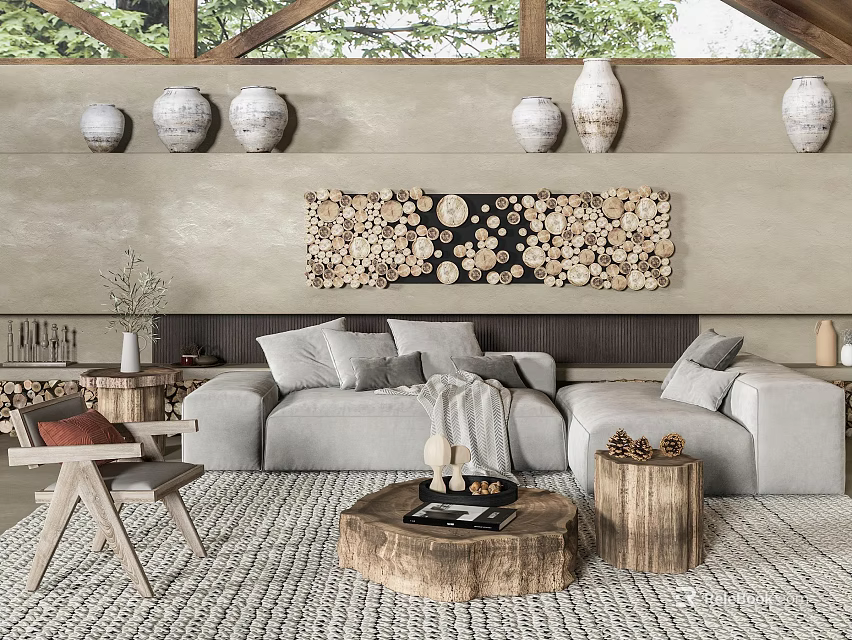 Natural Light Gray Sofa and Wooden Coffee Table Set With Wall Art and Ceramic Vases 3d model 