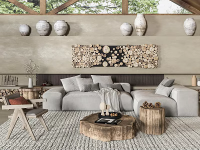 Natural Light Gray Sofa and Wooden Coffee Table Set With Wall Art and Ceramic Vases 3d model