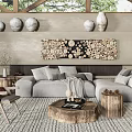 Natural Light Gray Sofa and Wooden Coffee Table Set With Wall Art and Ceramic Vases