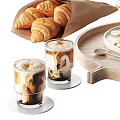 Fluffy Pancakes Fresh Croissants With Syrup Banana Slices Iced Coffee On Wooden Tray