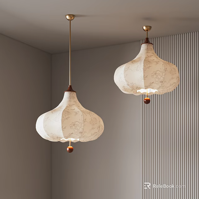 Two Floral Patterned Pendant Lights With White Fabric Shades In Modern Minimalist Room 3d model 