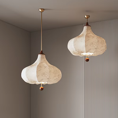 Two Floral Patterned Pendant Lights With White Fabric Shades In Modern Minimalist Room 3d model