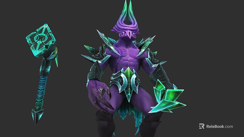Purple Game Character With Spiked Head Green Glowing Armor And Weapon 3d model 