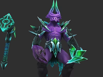 Purple Game Character With Spiked Head Green Glowing Armor And Weapon 3d model