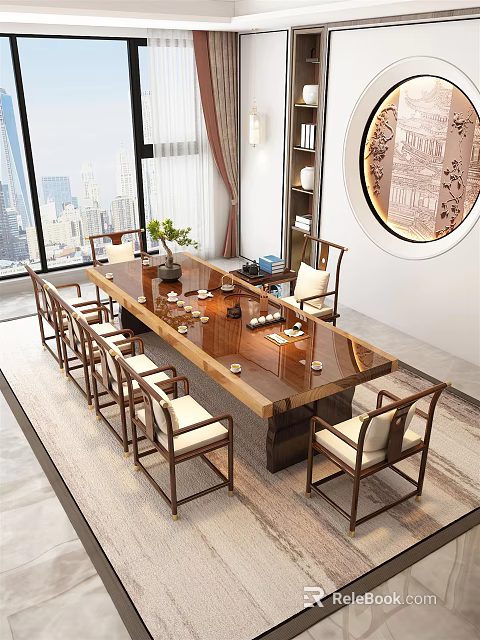 Traditional Solid Wood Tea Table and Chairs with Beige Cushions City View and Decorative Plants 3d model 
