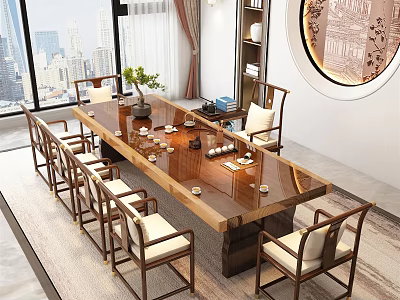 Traditional Solid Wood Tea Table and Chairs with Beige Cushions City View and Decorative Plants 3d model