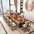 Traditional Solid Wood Tea Table and Chairs with Beige Cushions City View and Decorative Plants