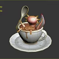 White Coffee Cup With Brown Swirl Liquid Pink Creature Silver Spoon Blue Object On Saucer