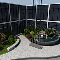 Parking Area Landscape Design With Cars Fence Lamp Posts Trees Shrubs And Paved Path