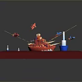 Colorful Model Scene With Red Ship Airplanes Blue Water And White Tower