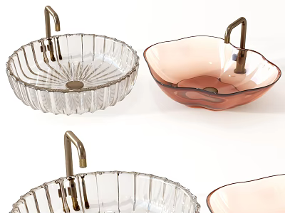 Decorative Glass Washbasins With Transparent And Pink Design And Brass Faucets 3d model