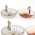 Decorative Glass Washbasins With Transparent And Pink Design And Brass Faucets