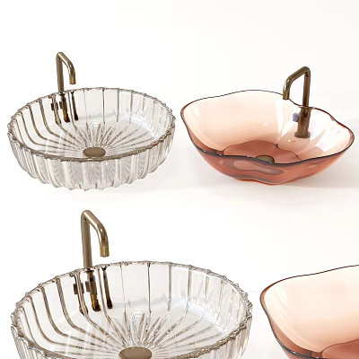 Decorative Glass Washbasins With Transparent And Pink Design And Brass Faucets 3d model