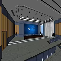 Modern Conference Room with Large Seating Arrangement Front Screen and Wooden Panel Walls