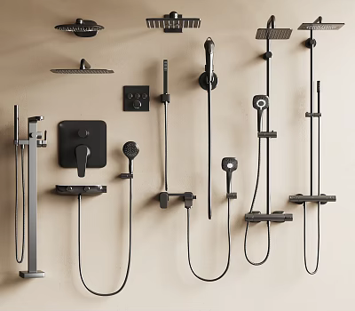 Modern Black Shower Heads With Various Wall Mounted Styles And Handheld Options 3d model
