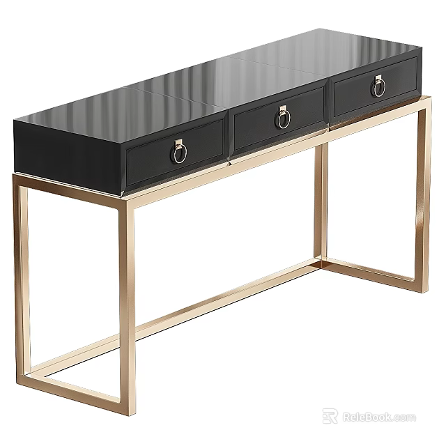 Modern Functional Desk With Gold Metal Frame And Black Storage Drawers 3d model 