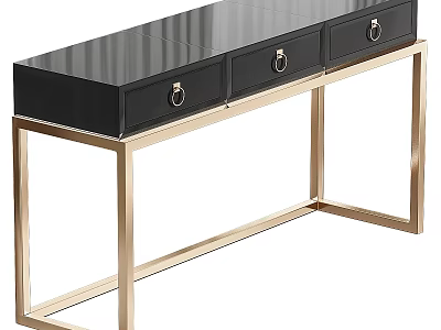 Modern Functional Desk With Gold Metal Frame And Black Storage Drawers 3d model