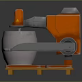 Orange Industrial Mechanical Device With Arm Handling Gray Container On Yellow Pallet
