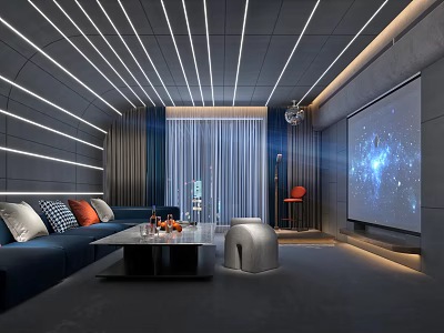 Modern Home Theater Interior With Comfortable Sofa Large Projection Screen And Ambient Lighting 3d model