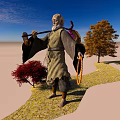 Man Carrying Bundle With Cow Near Trees On Sandy Ground Under Blue Sky