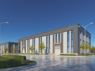 Modern Industrial Factory Building Exterior Design with Gray White Facade Windows Trees and Street Lights 3d model