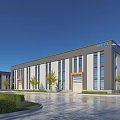 Modern Industrial Factory Building Exterior Design with Gray White Facade Windows Trees and Street Lights