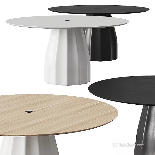 Round Dining Table Set With White Black Pedestal Legs And Wooden Top 3d model 