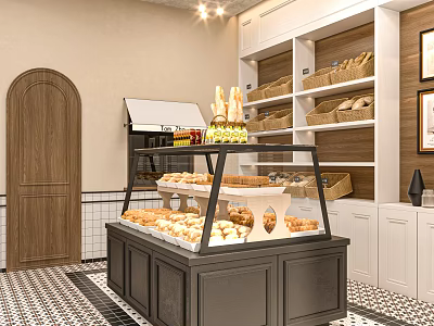 Cozy Dessert Shop Interior With Display Case Pastries Wooden Shelves Bread Baskets And Checkered Floor 3d model
