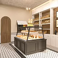 Cozy Dessert Shop Interior With Display Case Pastries Wooden Shelves Bread Baskets And Checkered Floor