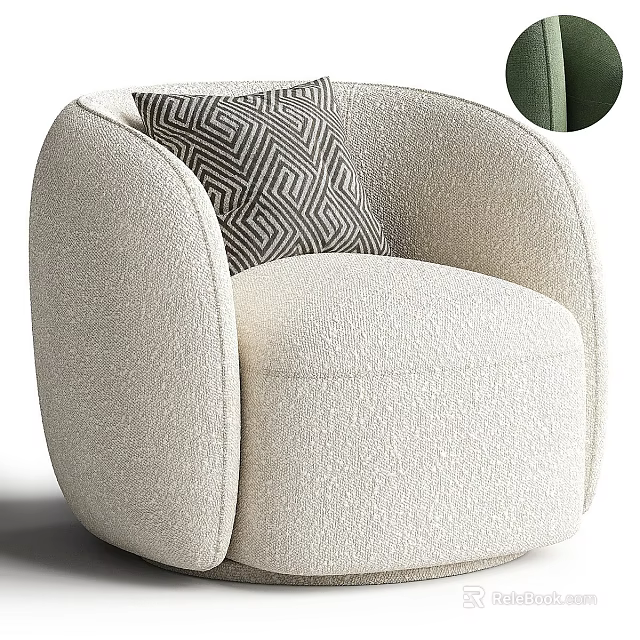 Cream Colored Upholstered Leisure Chair with Rounded Design and Geometric Pillow 3d model 