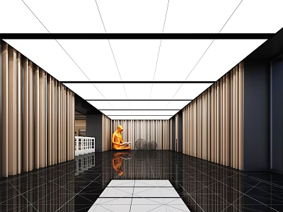 Modern Elevator Lobby With Wooden Slat Walls Black Marble Flooring And Orange Sculpture 3d model