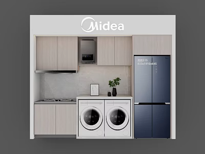 Midea Kitchen And Laundry Space With Cabinets Microwave Washing Machines And Refrigerator 3d model