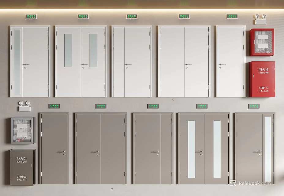 Multiple White And Gray Glass Panel Doors With Red Fire Safety Cabinets On Wall 3d model 