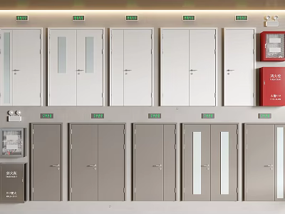 Multiple White And Gray Glass Panel Doors With Red Fire Safety Cabinets On Wall 3d model
