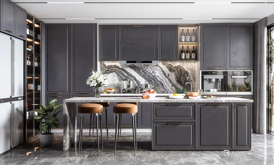 Modern Kitchen Interior With Dark Gray Cabinets Marble Island Brown Bar Stools And Backsplash 3d model 