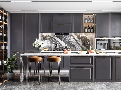 Modern Kitchen Interior With Dark Gray Cabinets Marble Island Brown Bar Stools And Backsplash 3d model