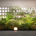 Indoor Landscape Interior With Lush Green Plants Decorative Lights And Circular Wall