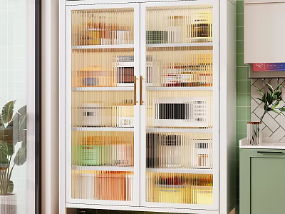 White Glass Door Kitchen Storage Cabinet Organizing Food Containers And Microwave 3d model