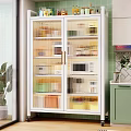 White Glass Door Kitchen Storage Cabinet Organizing Food Containers And Microwave