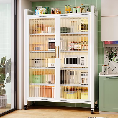 White Glass Door Kitchen Storage Cabinet Organizing Food Containers And Microwave 3d model