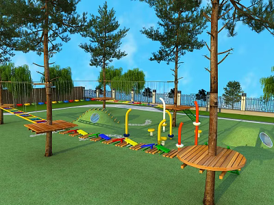 Outdoor Playground With Colorful Climbing Structures Wooden Platforms And Green Lawn Under Trees 3d model