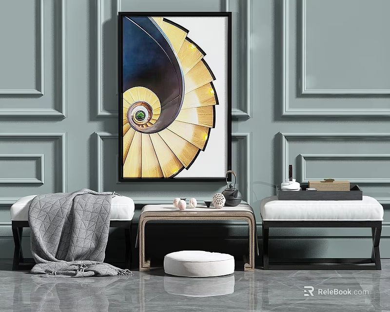 Modern Single Sofa In Gray Fabric With Side Table And Abstract Wall Art Decor 3d model 