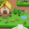 Cartoon Farm Scenes With Windmill Cottages Animals Tractor Barn Pond And Plants