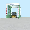 Yellow Bus Entering Vehicle Washing Platform With Green Pillars And White Canopy