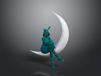 Green Costumed Character With Rabbit Ears Sitting On White Crescent Moon In Gray Background 3d model