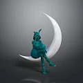 Green Costumed Character With Rabbit Ears Sitting On White Crescent Moon In Gray Background