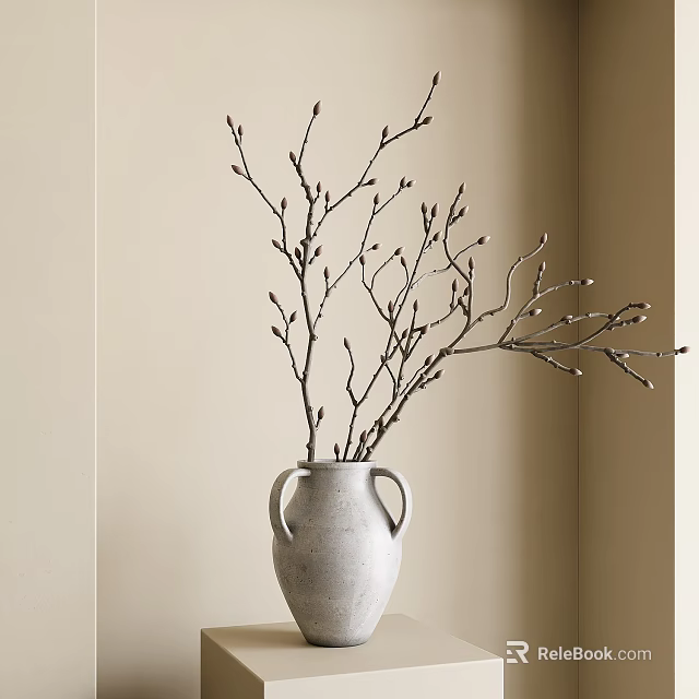 Minimalist Light Gray Ceramic Vase With Decorative Branches And Two Handles In Neutral Wall Background 3d model 
