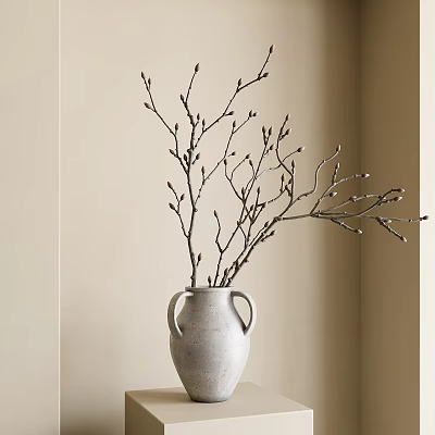 Minimalist Light Gray Ceramic Vase With Decorative Branches And Two Handles In Neutral Wall Background 3d model