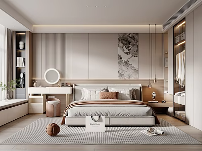 Modern Bedroom Interior Design With Bed Nightstand Dressing Table Wardrobe And Decorative Rug 3d model